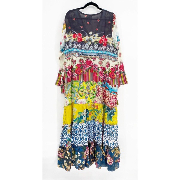 Johnny Was Dibble 100% Silk Maxi Dress XL Floral Long Sleeve Mixed Print Boho - Picture 5 of 5